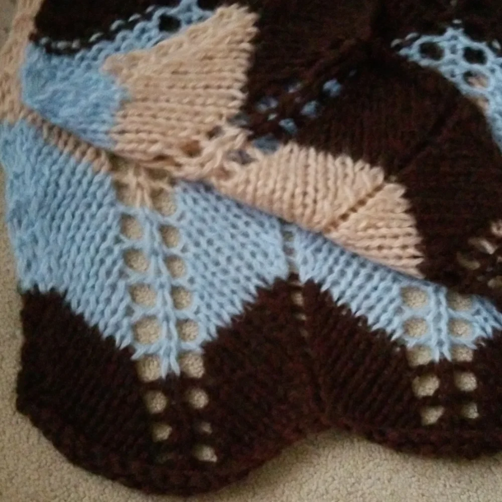 Handknit Chevron Brown/Beige/Powder-Blue  Blanket